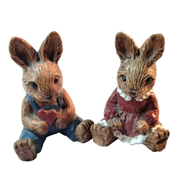 Handcrafted Bunny Courting Couple Figurines Heart Love Wedding Anniversary - Picture 1 of 9